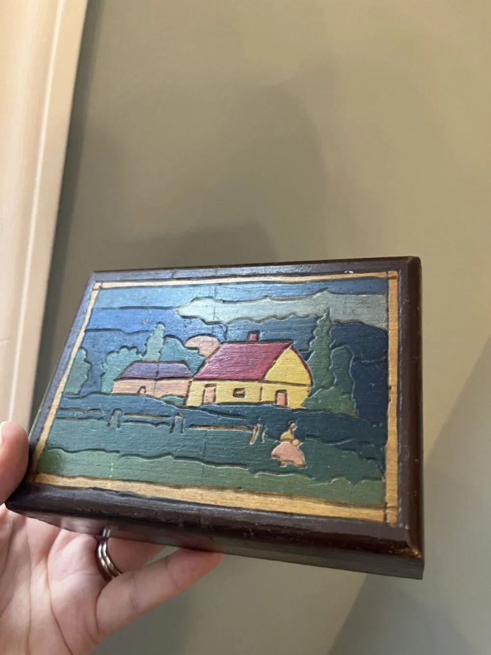Vintage Folk Art Handcarved Handpainted Wooden Box With Rustic Farmhouse Scene 1